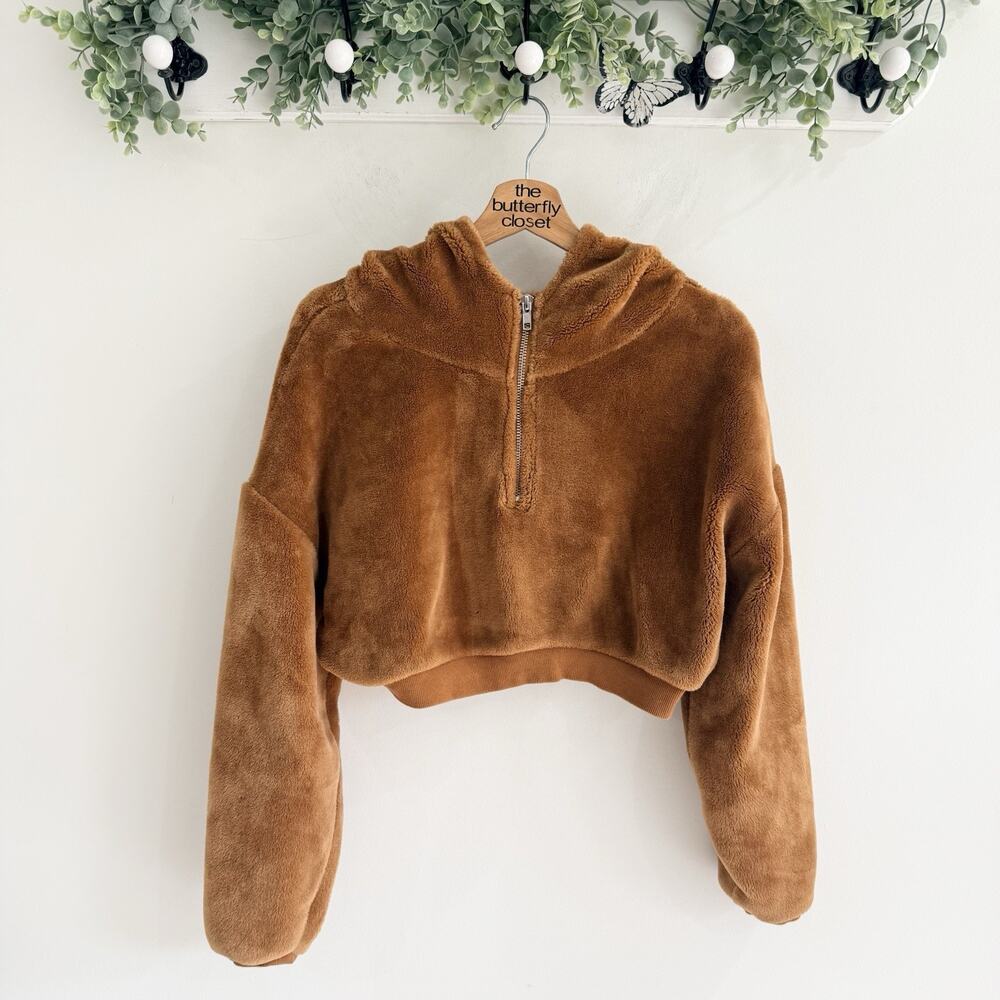 BDG Urban Outfitters Fuzzy Cropped 1/4 Zip Jacket with Hood Teddy Brown Size XS